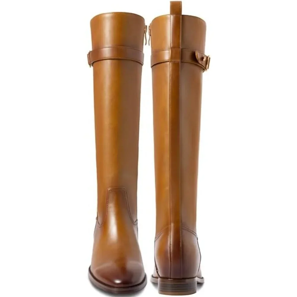 Women's 3/brown Flat Round Toe Low Heel Comfortable Side Zipper Knee High Boots
